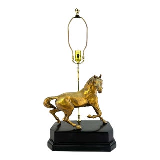 1960's Mid Century Gold Horse Lamp With Leather Base For Sale