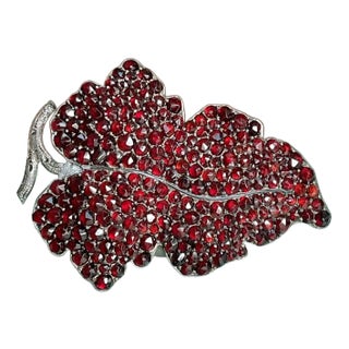 Late 19th Century Victorian Bohemian Garnet Silver Leaf Brooch For Sale