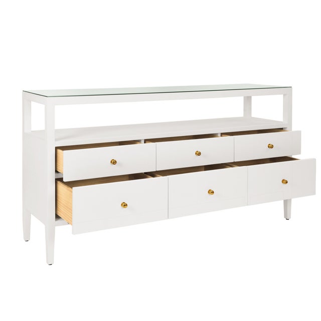 Contemporary Matthew Izzo Home Jordan White Textured Linen Six Drawer Console Table With Glass Top and Polished Brass Knobs For Sale - Image 3 of 7