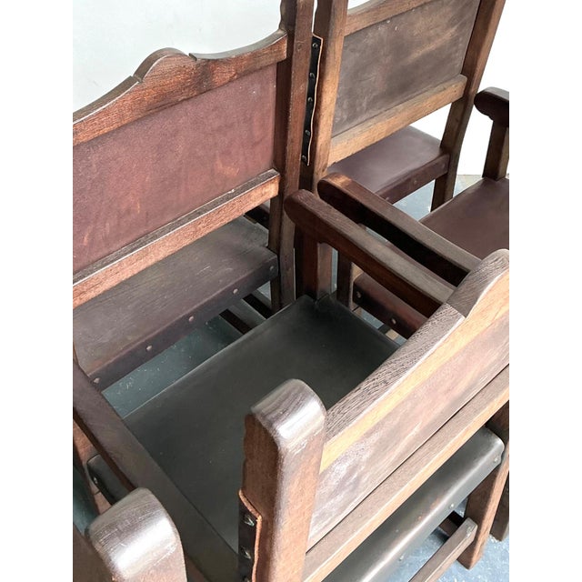 Vintage Spanish Leather and Wood Armchairs - Set of 6 For Sale - Image 9 of 14