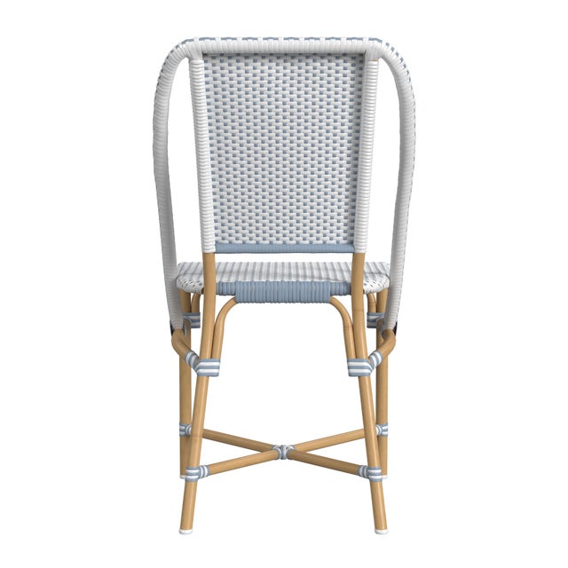 Tobias 18.5 in. Seat Height Outdoor Rattan and Metal Dining Side Chair, White/Sky Blue Dot / Natural Rattan Frame For Sale In Chicago - Image 6 of 8