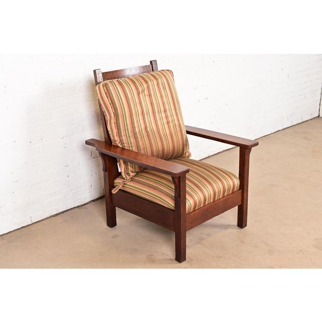 Mission Charles Stickley Antique Mission Oak Arts & Crafts Reclining Morris Lounge Chair, Circa 1910 For Sale - Image 3 of 13