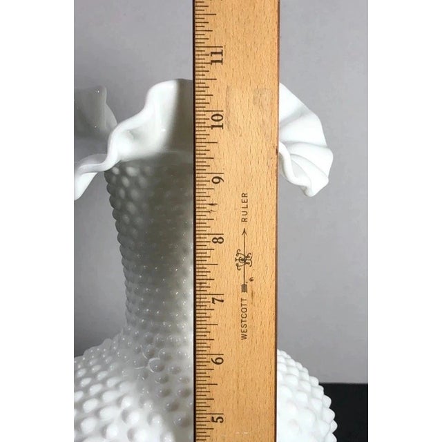 Mid-Century Modern Vintage MCM Fenton White Milk Glass Hobnail Ruffled Crimped Edge Vase 11" For Sale - Image 3 of 7
