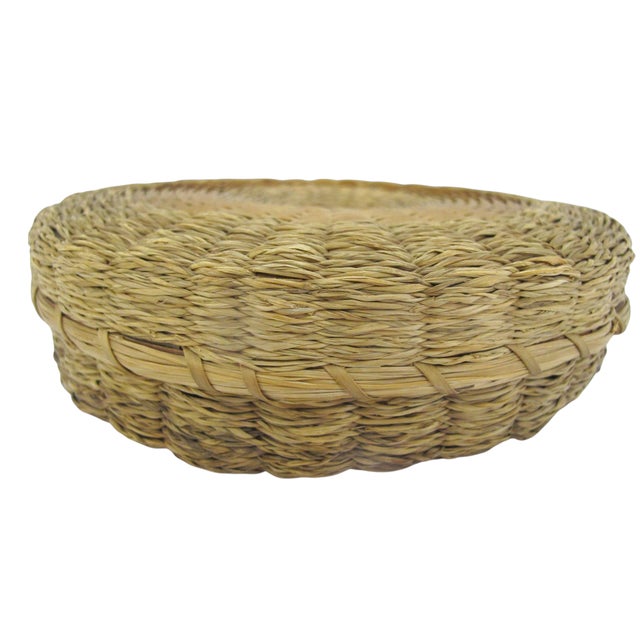 Textile Iroquois Native Sweetgrass & Ash Splint Checkered Rim Round Basket With Lid For Sale - Image 7 of 13