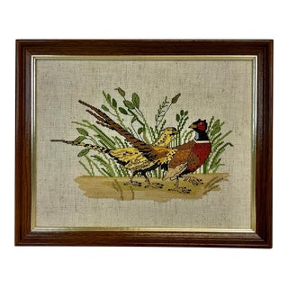 Vintage Arts & Crafts Boho Chic Pheasant Needlepoint, Framed. For Sale