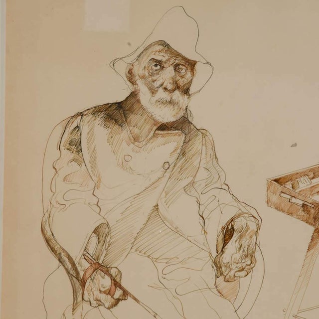 Portraiture Framed Signed Carlos Alonso Self Portrait Drawing on Paper For Sale - Image 3 of 10