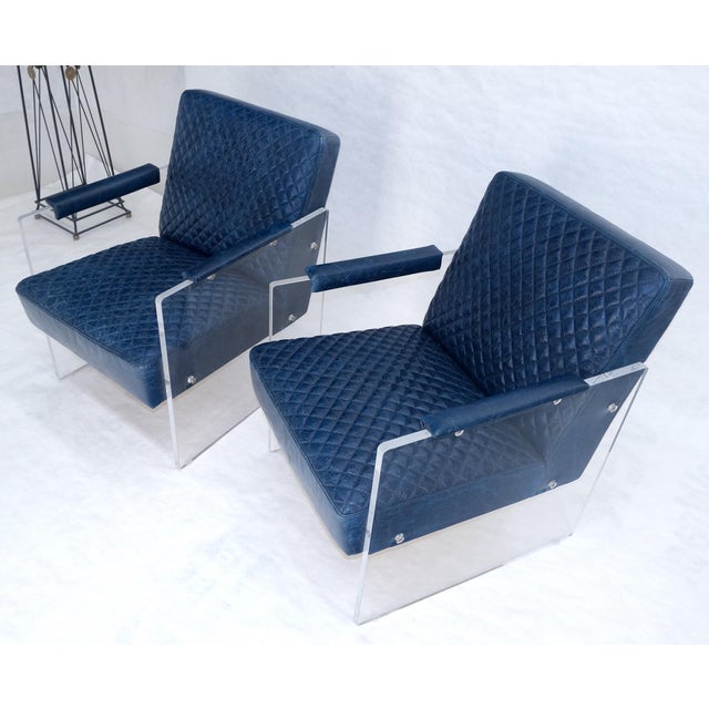 Pair of blue Quilted Leather Upholstery Seats Lucite Base Arm Lounge Club Chairs For Sale - Image 9 of 14