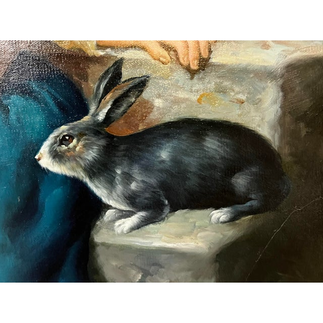 Large Late 20th Century Framed Painting of Child Feeding Rabbits in the Style of Düsseldorf School Artist Felix Schlesinger For Sale In Washington DC - Image 6 of 12