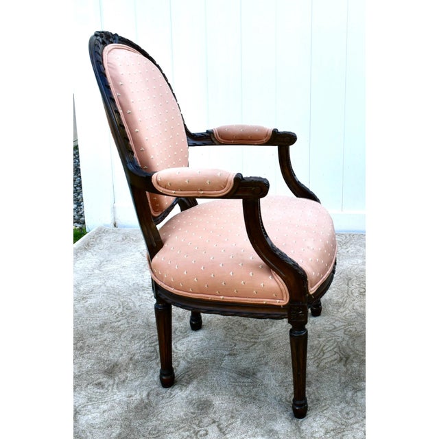 Carved Wood Bergere Chair Louis XVI Style Medallion Oval Back Pink Fabric 50s For Sale - Image 11 of 13