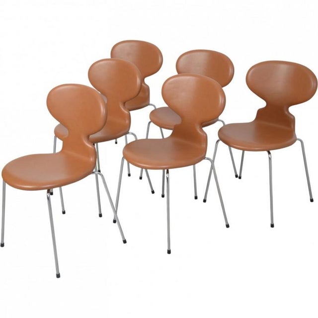 Set of 6 Arne Jacobsen Ant chairs upholstered in new cognac classic leather and with chrome frames. The chairs are from...