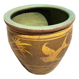 19th Century Large Bird & Bamboo Art Pottery Chinese Egg Pot Jardinière Planter For Sale