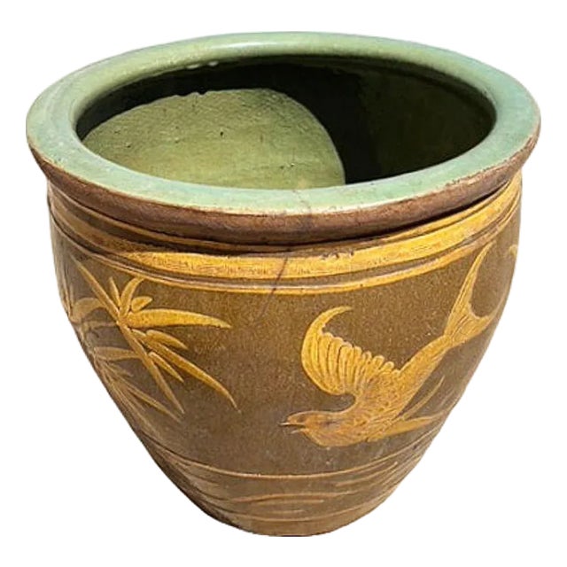 19th Century Large Bird & Bamboo Art Pottery Chinese Egg Pot Jardinière Planter For Sale