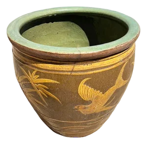 19th Century Large Bird & Bamboo Art Pottery Chinese Egg Pot Jardinière Planter