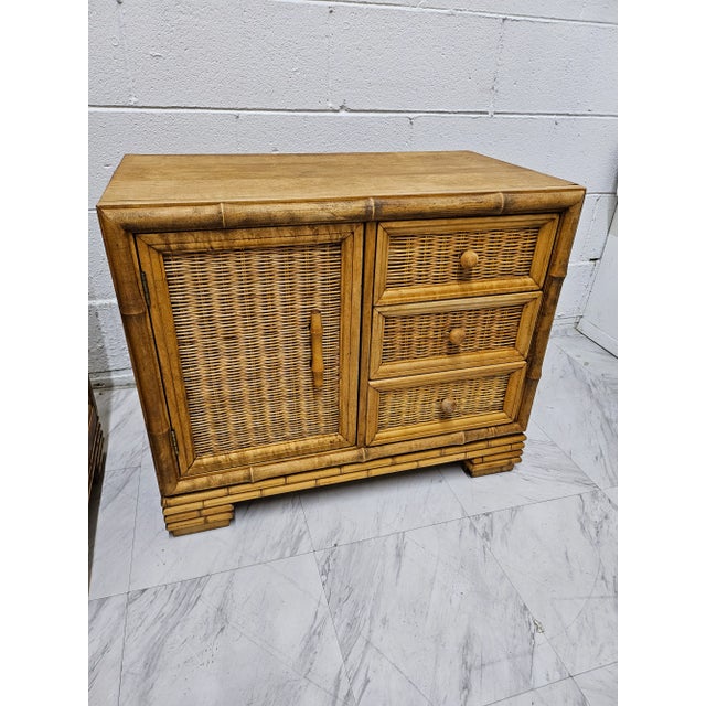 Wood 1970s American of Martinsville Rattan Night Stands - a Pair For Sale - Image 7 of 12
