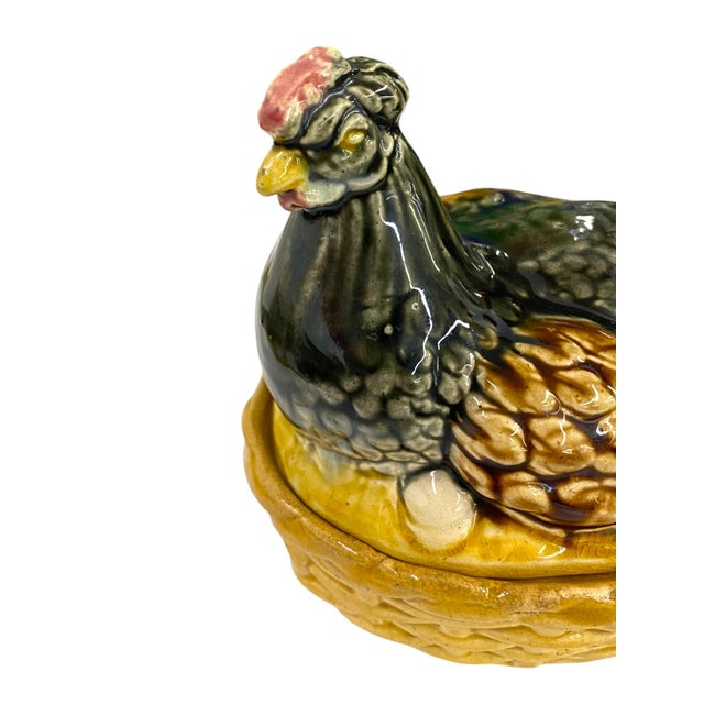 Ceramic Antique French Desvres Majolica Hen on Nest Covered Dish Francis Masse For Sale - Image 7 of 11