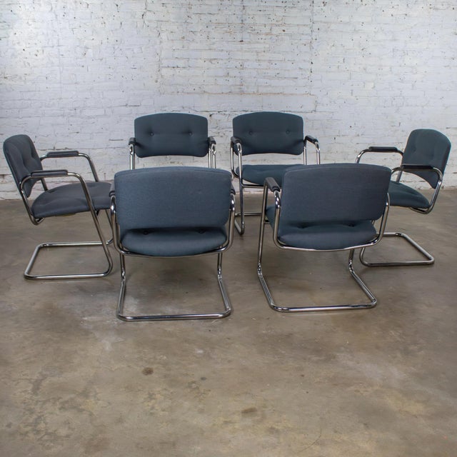 Late 20th Century Modern Set of 6 Chrome Cantilever Chairs W/Gray Fabric by United Chair Company For Sale - Image 11 of 18