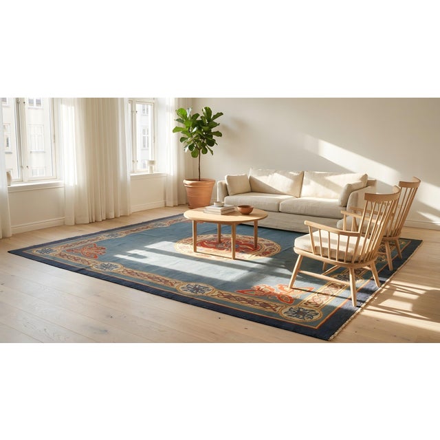 Striking Sky Blue and Orange Color With Medallion Design Antique Donegal Arts & Crafts Rug For Sale - Image 10 of 12