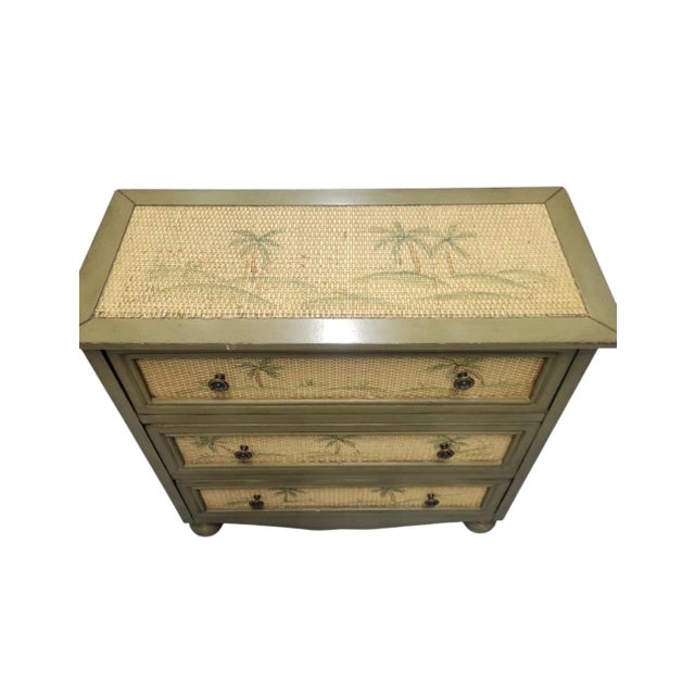 Lexington Furniture Vintage Palm Beach Regency Painted Palm Tree Woven Rattan Sage Green Three-Drawer Chest / Nightstand For Sale - Image 4 of 9