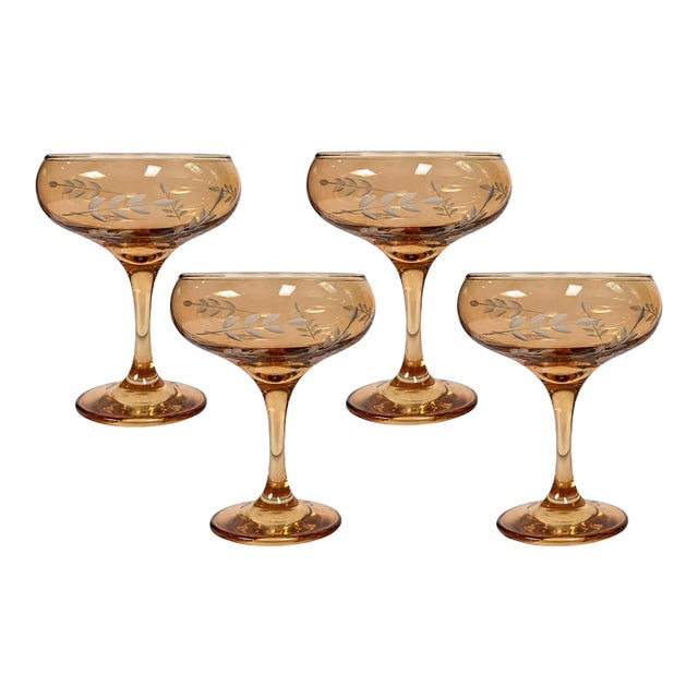 Amber Smoked Etched Champagne Coupe Glasses - Set of 4 For Sale