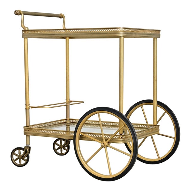 French French Vintage Brass & Glass Trolley Serving Cart For Sale - Image 3 of 11