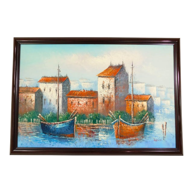 Mid Century Original "Kent" Nautical Boat Seascape Oil on Canvas Framed Painting For Sale