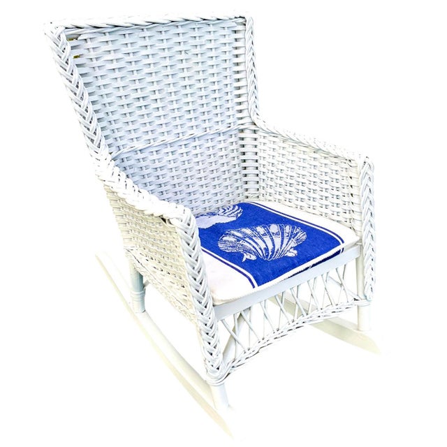 Vintage White Wicker Children's Rocking Chair With Nautical Cushion