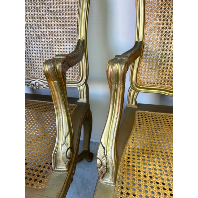 Gold Hollywood Regency French Louis XV - Style Cane Back & Seat Armchairs - A Pair/ Sold For Sale - Image 8 of 12