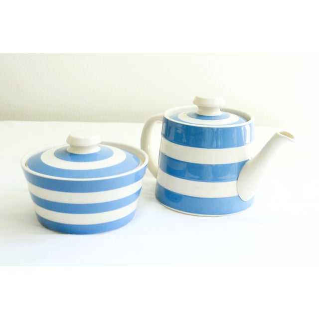 Late 20th Century Handmade in England Striped Stonware Cornishware Teapot/Butter Dish For Sale - Image 5 of 9