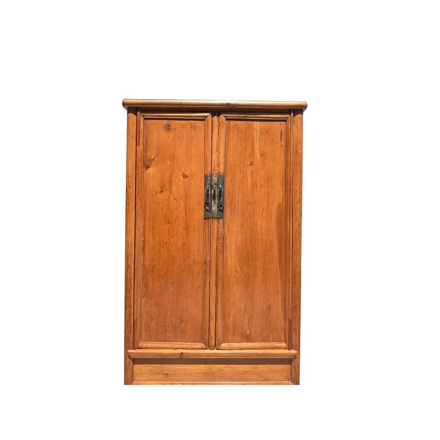 Wood Vintage Chinese Natural Wood Pattern Light Brown Armoire Wardrobe Cabinet For Sale - Image 7 of 8