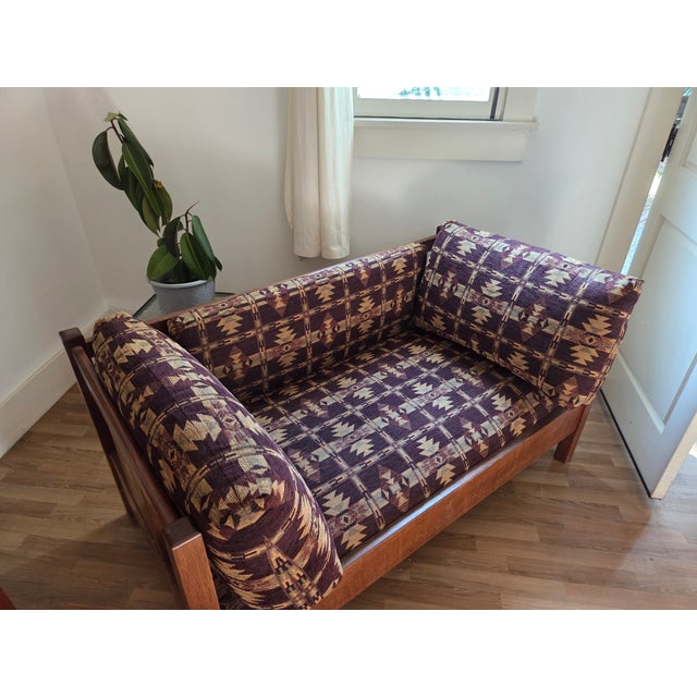 Mid-Century Modern Purple Geometric Craftsman Loveseat For Sale - Image 3 of 4