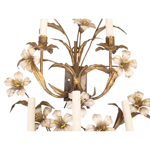 Vintage French Tole and Brass Floral Sconces For Sale In New York - Image 6 of 9