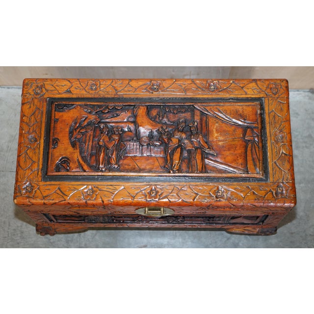 Antique Chinese Hand Carved Camphor Wood Travelling Trunk, 1900s For Sale - Image 4 of 17