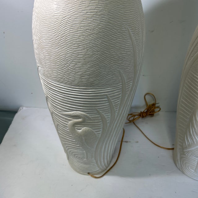 Pair of 1980s Dayle Rushall Matte Ceramic Lamps With Heron Detail For Sale In Miami - Image 6 of 9