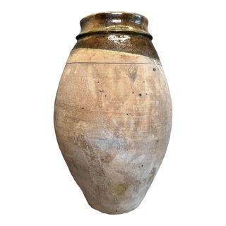 Vintage French Country Olive & Brown Glazed Terra-Cotta Pot For Sale