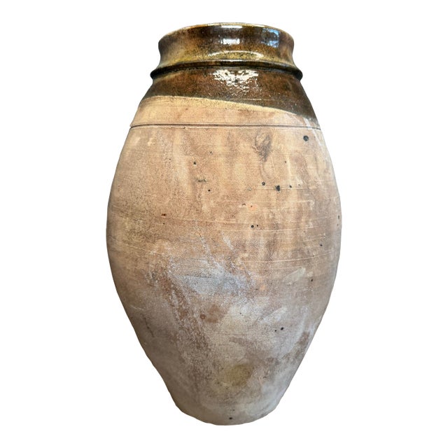 Vintage French Country Olive & Brown Glazed Terra-Cotta Pot For Sale