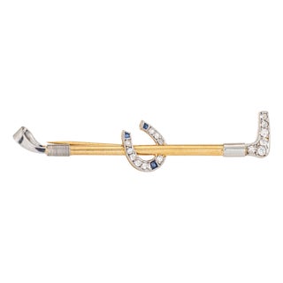 Antique Portuguese Horseshoe Riding Crop Brooch Diamond 19k Gold Platinum For Sale