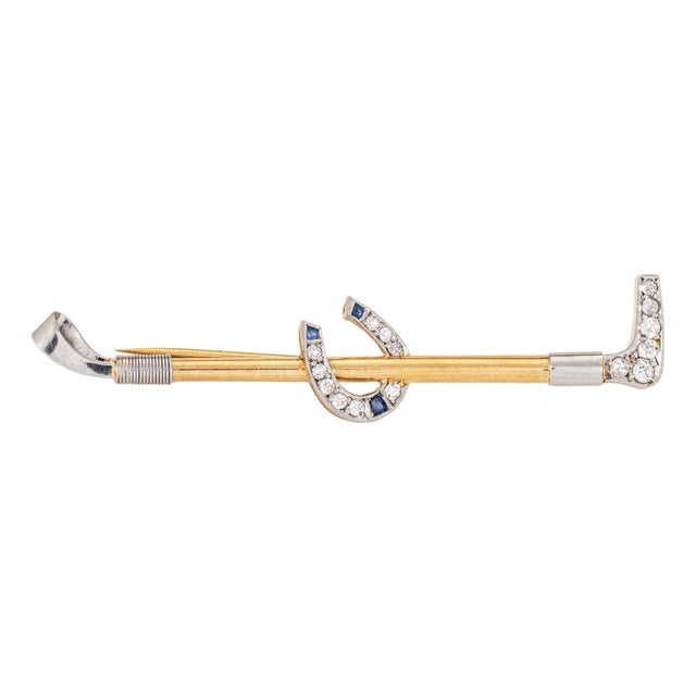 Antique Portuguese Horseshoe Riding Crop Brooch Diamond 19k Gold Platinum For Sale
