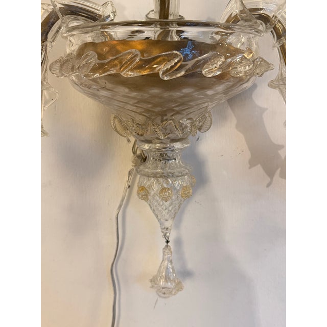 Transparent Mid 20th Century Murano Style Glass + Brass Sconce For Sale - Image 8 of 12