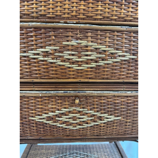 Antique Victorian Wicker Rattan Sewing Stand | Lift-Top Toile Lined, Two Drawers | Edwardian Work Table, 31in For Sale - Image 18 of 18