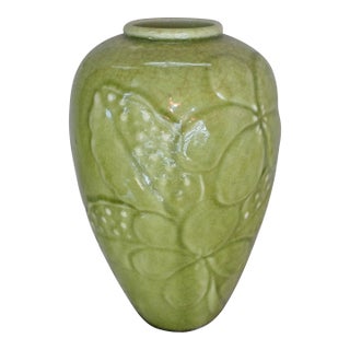 Antique Arts & Craft Rookwood Green Embossed Flower Design Vase For Sale