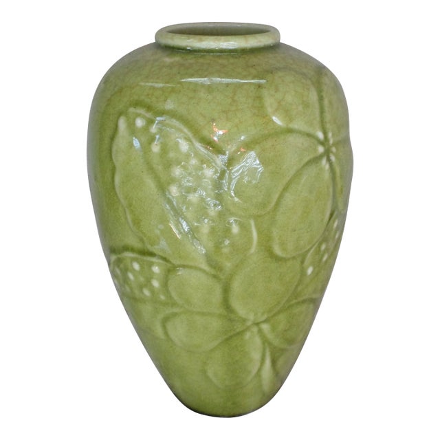 Antique Arts & Craft Rookwood Green Embossed Flower Design Vase For Sale