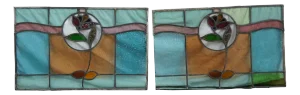 Set of 2 Antique Victorian Art Nouveau Leaded Stained Glass Rose Window Panel Framed