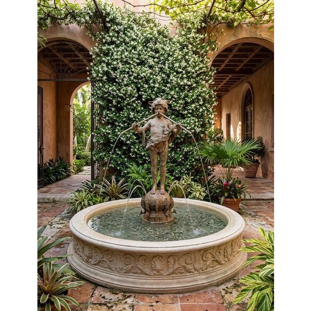 Vintage Neoclassical Patinated Bronze Fountain – Boy Playing Double Flute on Fish Base For Sale In West Palm - Image 6 of 11