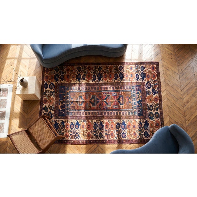 1870s Blue Geometric Tribal Antique Persian Kurdish Sanjabi Rug 5' X 6'6" Hand Made Wool Carpet For Sale - Image 11 of 11