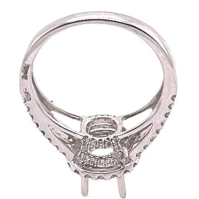 Metal 18 Karat White Gold Round Engagement Ring Setting Diamond Halo and Two Row Band For Sale - Image 7 of 11