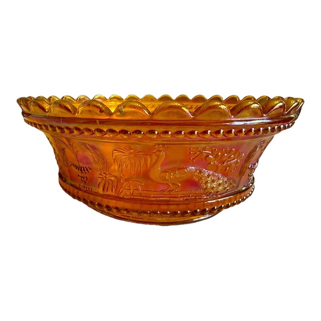 Antique Northwood Peacock at the Fountain Marigold Carnival Art Glass Berry Bowl For Sale