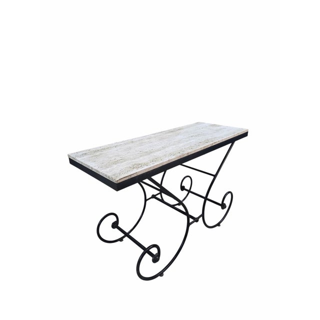 Black Mid 20th Century Hollywood Regency Stone Top Table With Sculptural Wrought Iron Scroll Base For Sale - Image 8 of 8