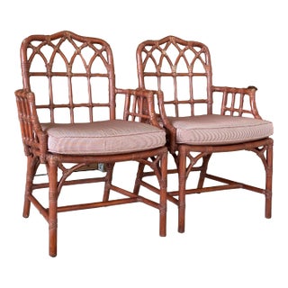 1980’s Pair McGuire Rattan Cathedral Arm Side Chairs For Sale