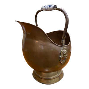 Antique Copper Coal Scuttle W/ Glazed Stoneware Handles c.1890