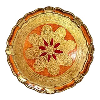Vintage Orange and Gold Round Florentine Gilded Wood Tray For Sale